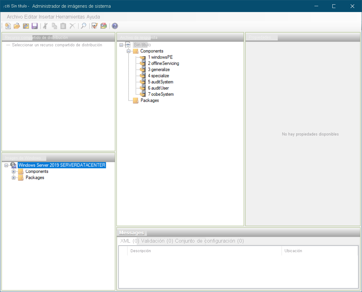 A screenshot of Windows System Image Manager. An untitled answer file is open. Displayed are details of the Distribution Share,the Windows Image, the Answer File, and both the Properties and Messages panes.