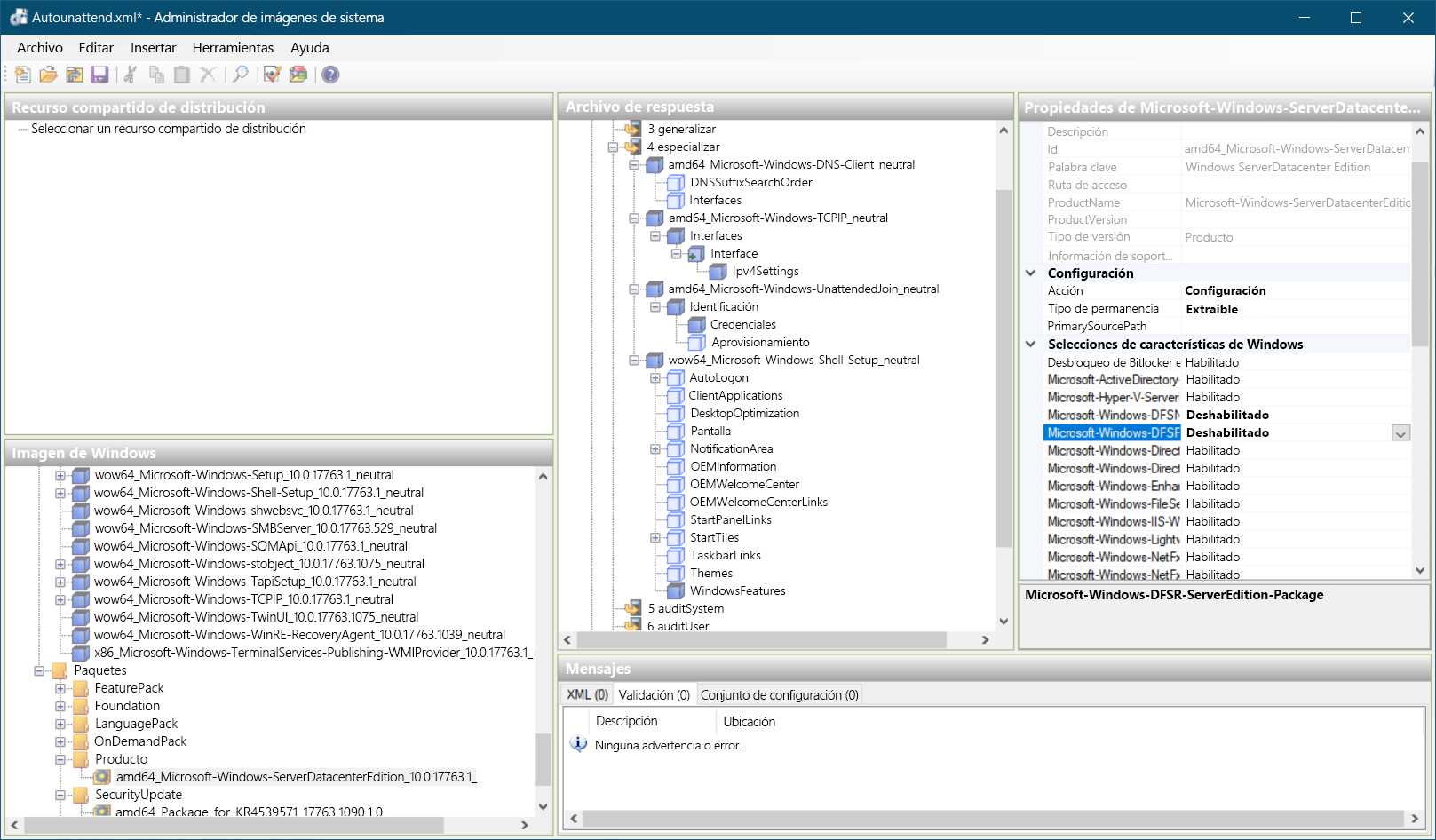 A screenshot of Windows System Image Manager. An answer file called Autounattend.xml is being edited. Numerous components are added to the Answer File section. The administrator is editing values in the Properties section.