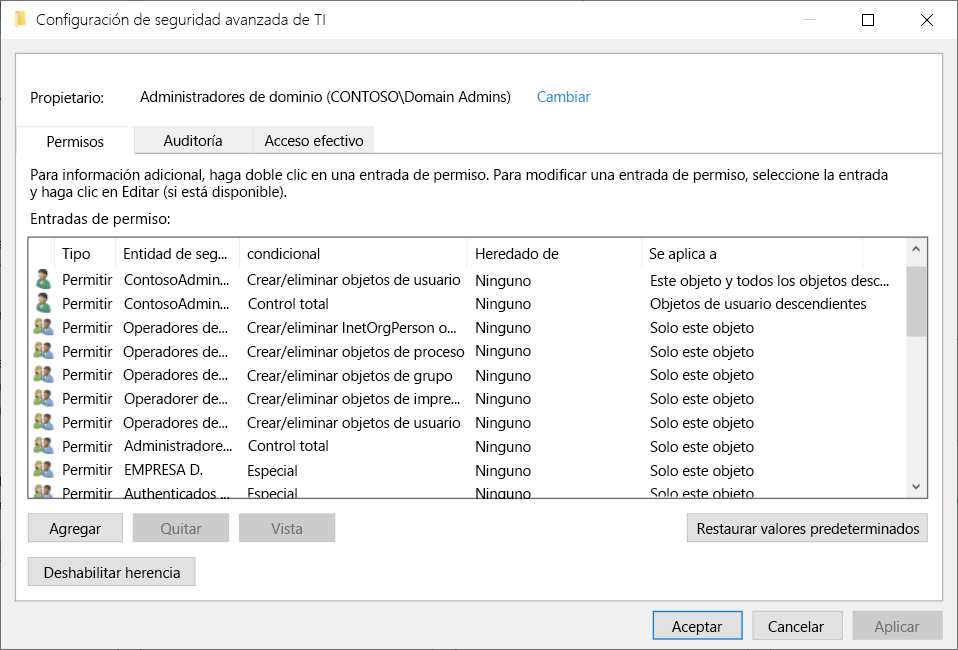 A screenshot of the Advanced Security Settings for IT dialog box. The administrator has selected the Permissions tab. Displayed are the permissions on the IT OU, including delegated permissions for ContosoAdmin.