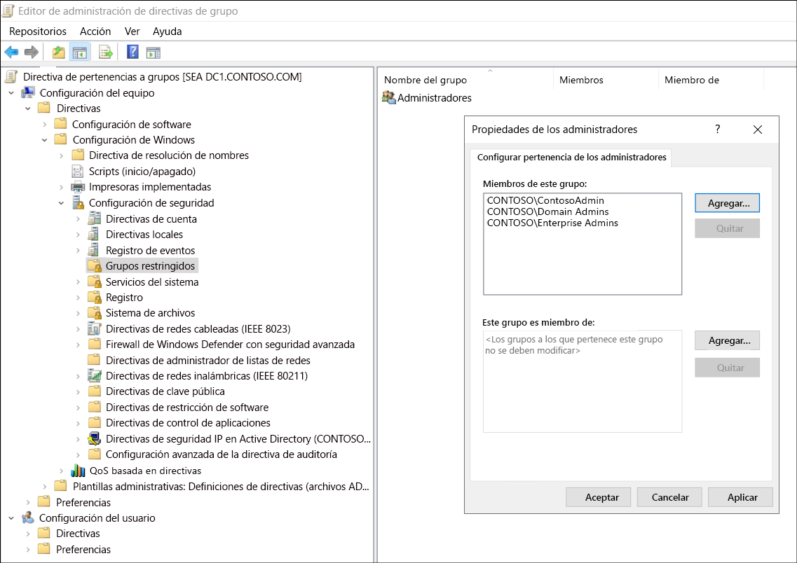 Captura de pantalla del Editor de administración de directivas de grupo. El administrador ha accedido a Configuración del equipo, Directivas, Configuración de Windows, Configuración de seguridad, Grupos restringidos. El administrador ha agregado un grupo denominado Administradores y agregó como miembros a Administradores de dominio, Administradores de empresa y ContosoAdmin.