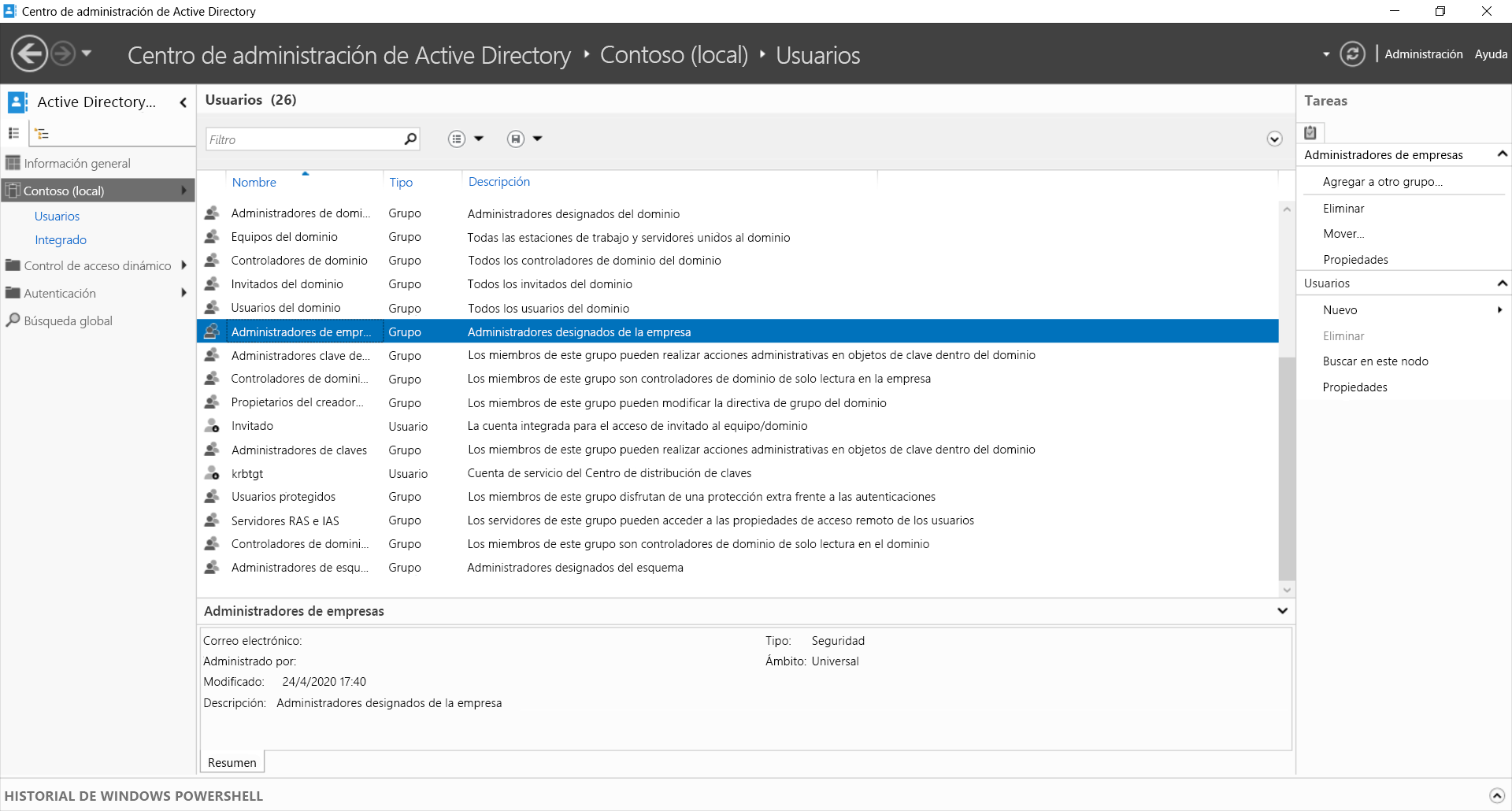 Captura de pantalla del Centro de administración de Active Directory. El administrador ha seleccionado el grupo Administradores de empresas en Contoso (local)\Usuarios. También se muestran otros grupos en la carpeta Usuarios.