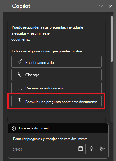 Recorte de pantalla del panel Copilot en Word al abrirse por primera vez.