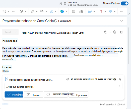 Captura de pantalla de un borrador de correo electrónico generado por Copilot en Outlook.