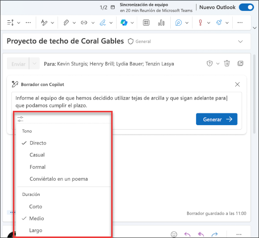 Captura de pantalla de las opciones disponibles para personalizar el borrador en Copilot en Outlook.