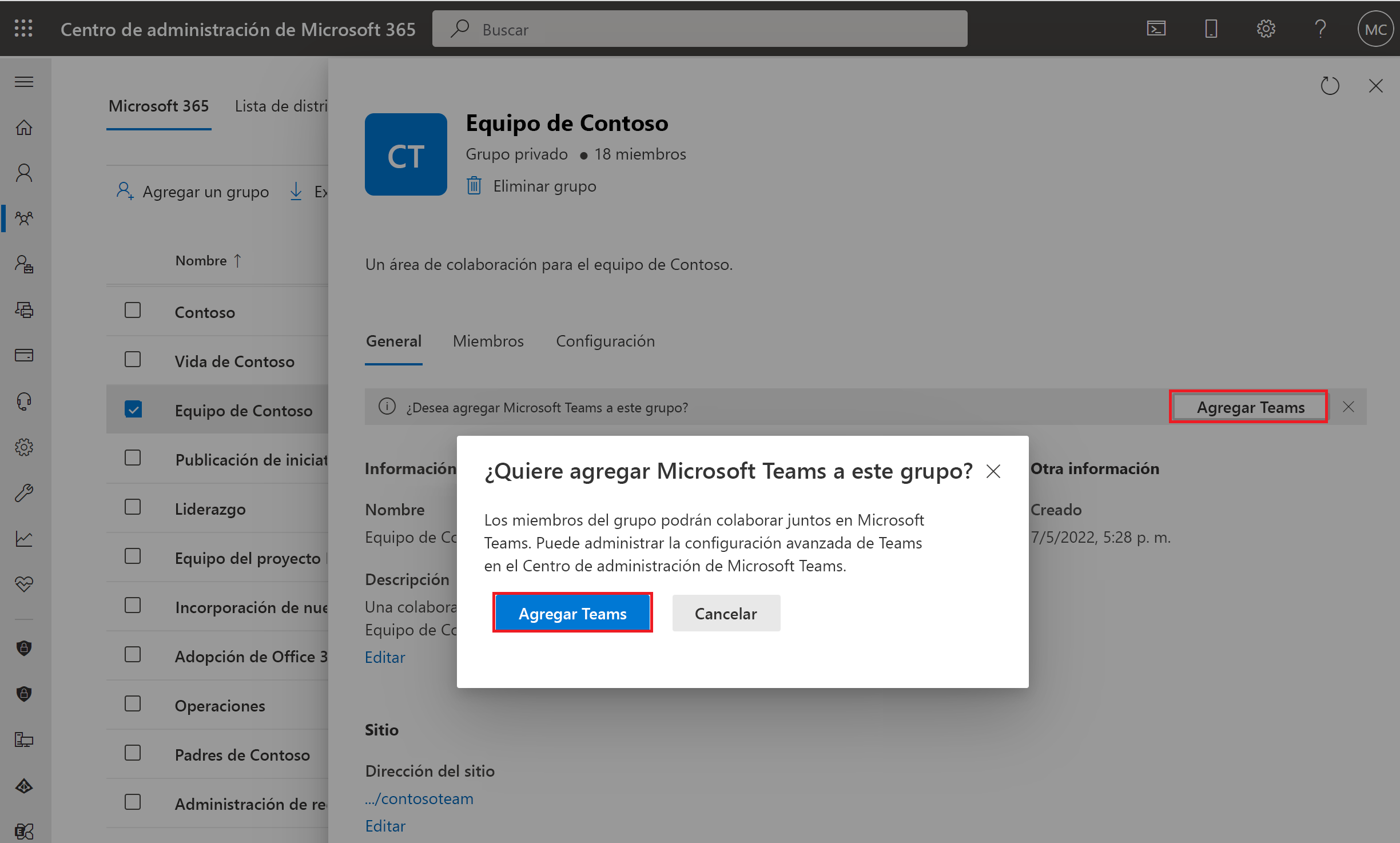 Captura de pantalla de la creación de un equipo a partir de la selección de grupo en el Centro de administración de Microsoft 365.