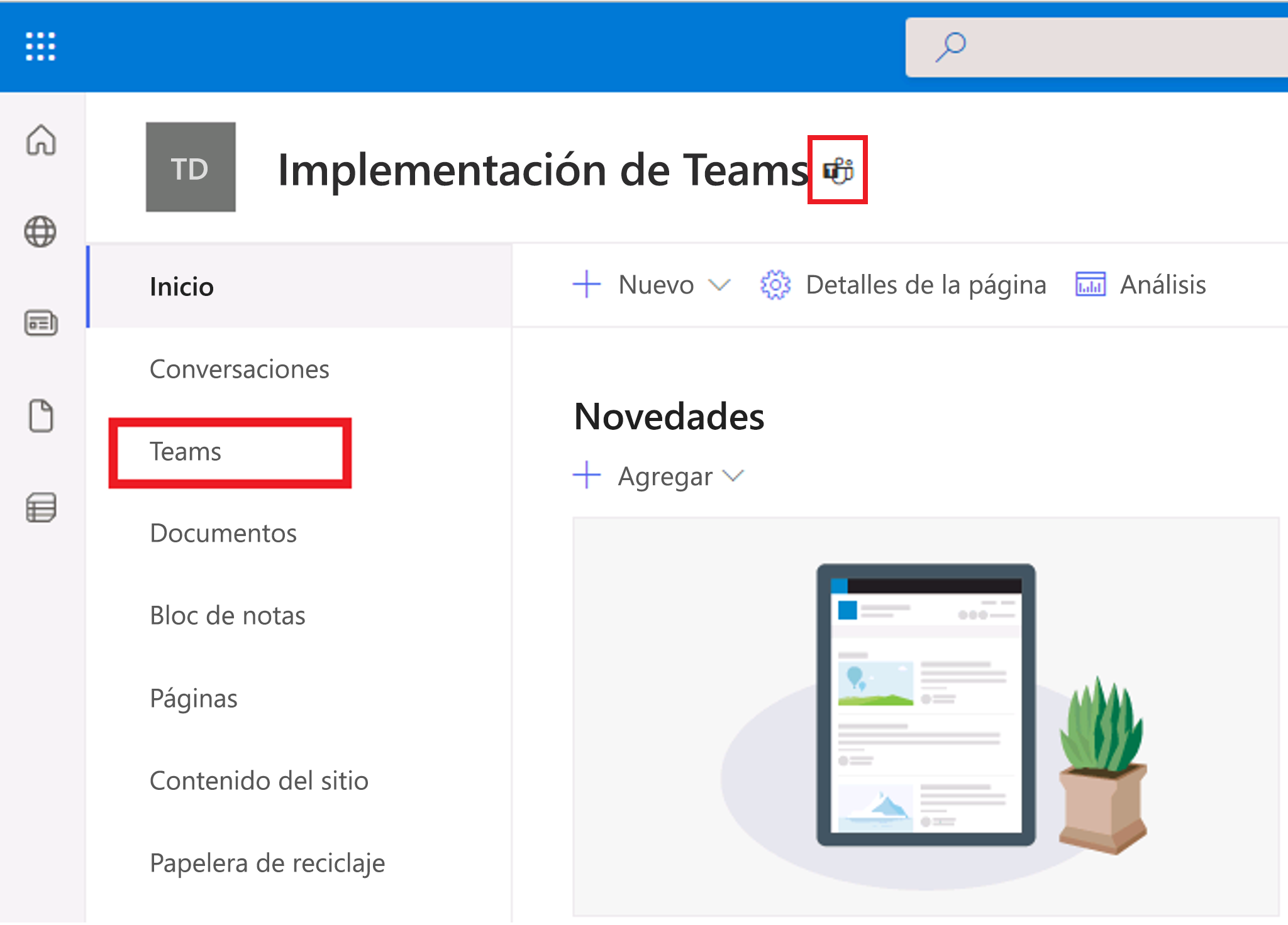 Captura de pantalla del panel de navegación de SharePoint que muestra la opción Teams.