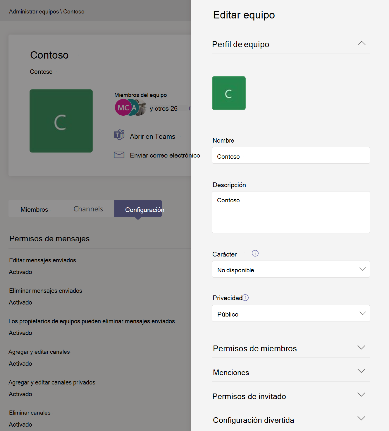 Captura de pantalla de la configuración de Teams.