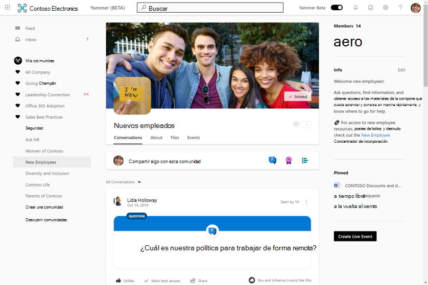 Captura de pantalla que muestra una página de comunidad para los nuevos empleados dentro de Yammer.