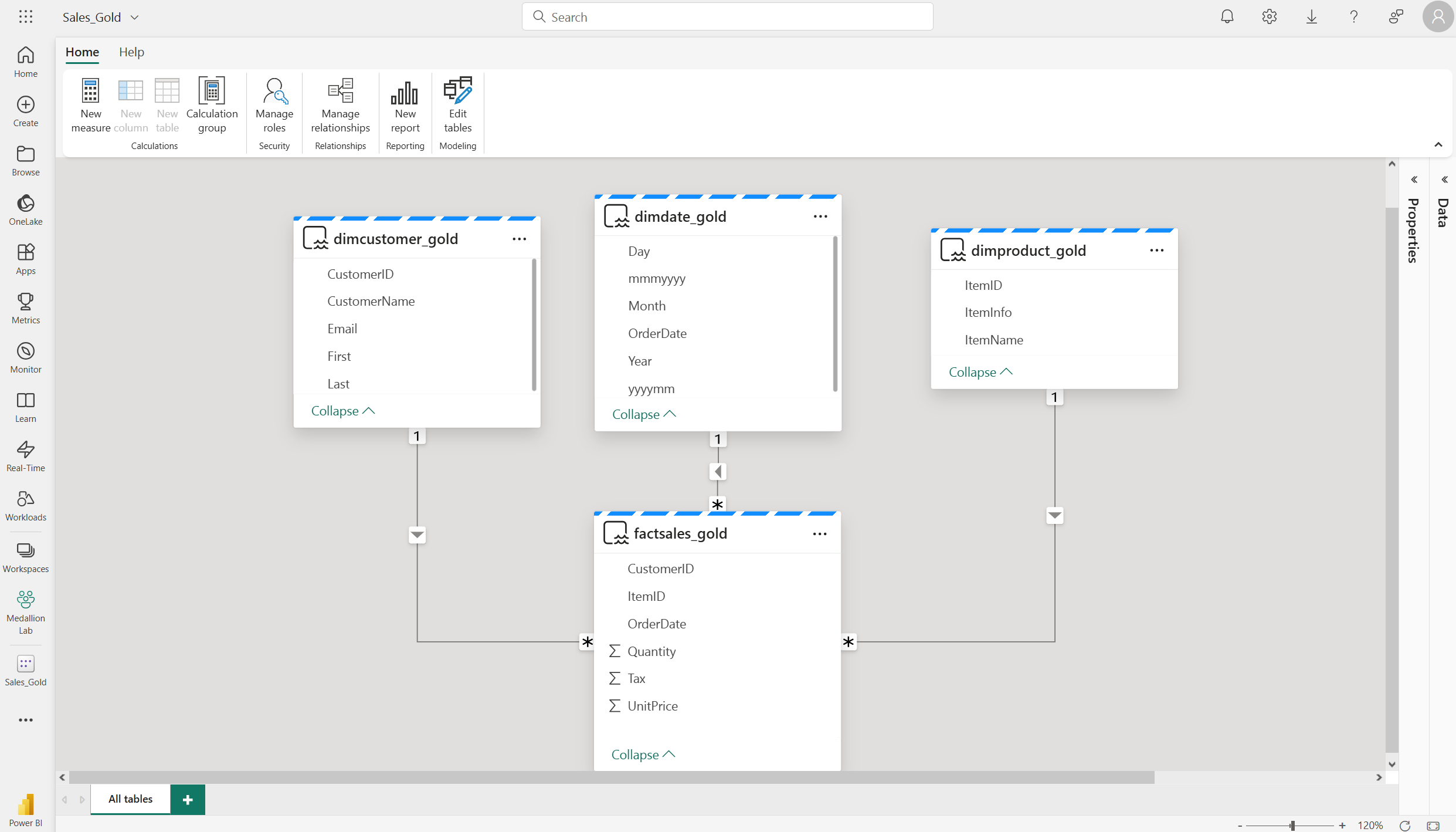 Captura de pantalla del modelo semántico de Power BI con relaciones entre tablas.