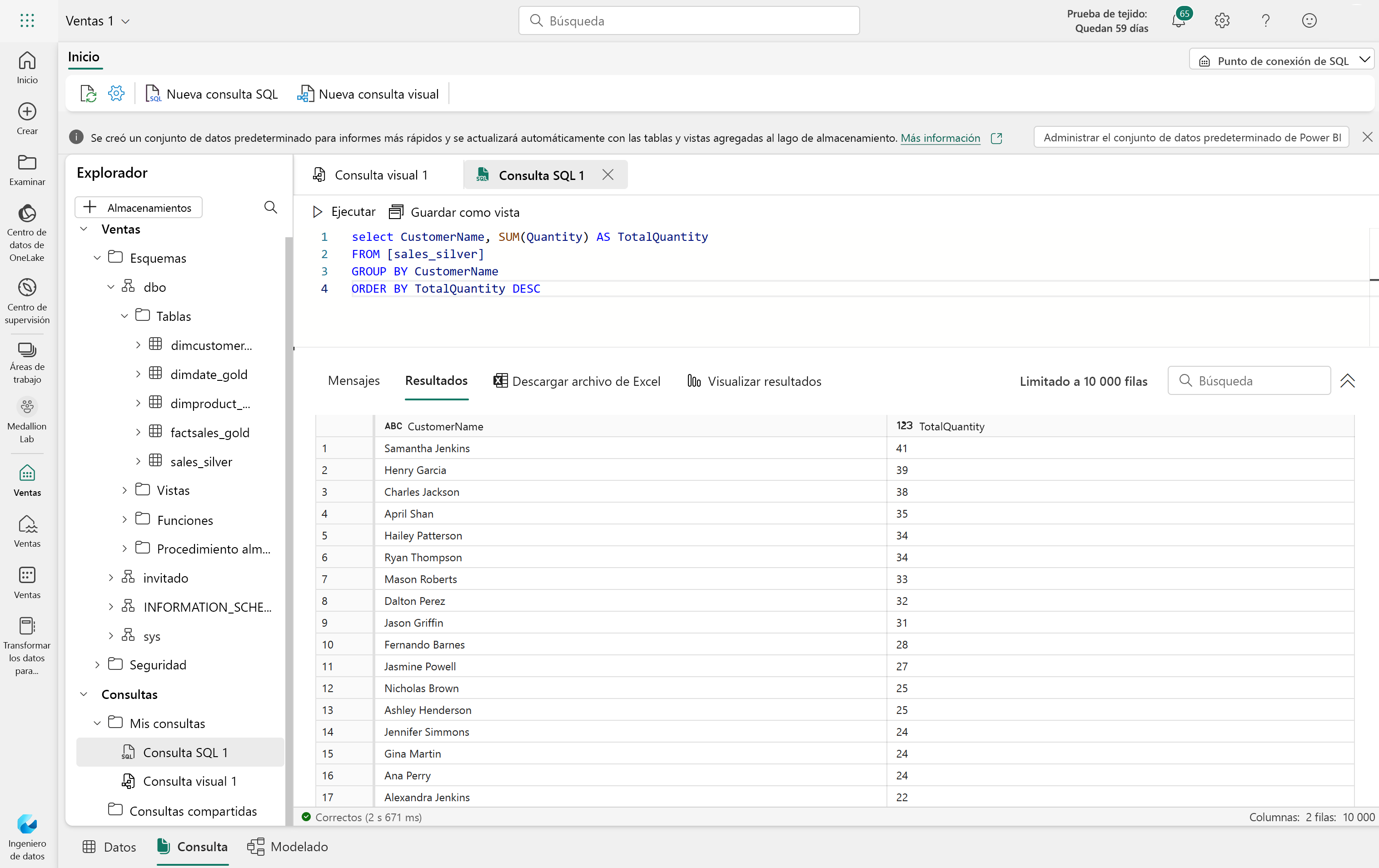 Captura de pantalla del punto de conexión de análisis SQL en la interfaz de usuario de Fabric.