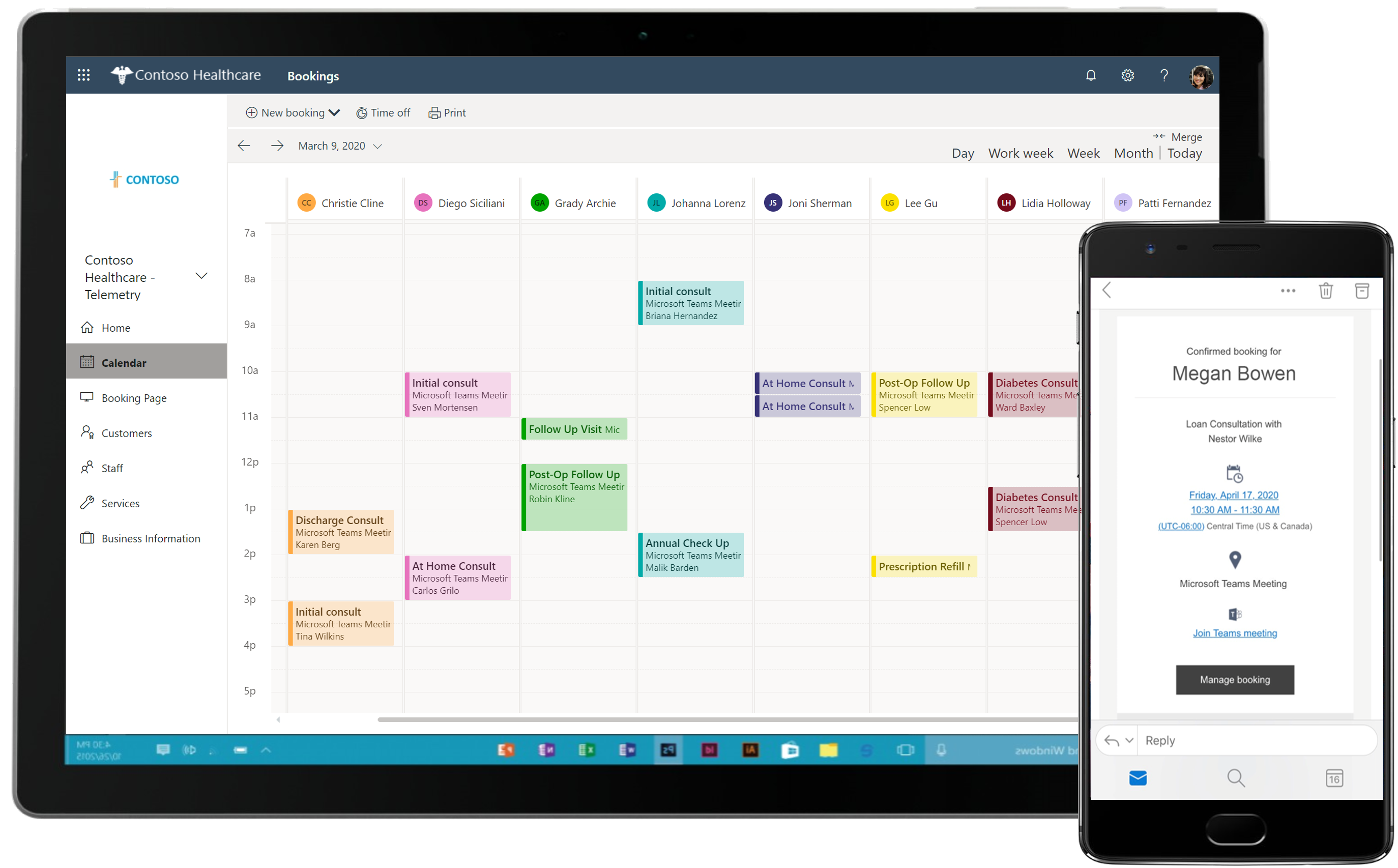 Captura de pantalla que muestra el calendario dentro de la herramienta de administración del trabajo de Bookings y la capacidad de acceder a él en varios dispositivos.