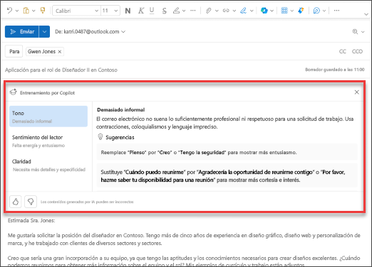 Captura de pantalla que muestra las sugerencias de Copilot para el tono, la claridad y la opinión del lector en el nuevo Outlook.