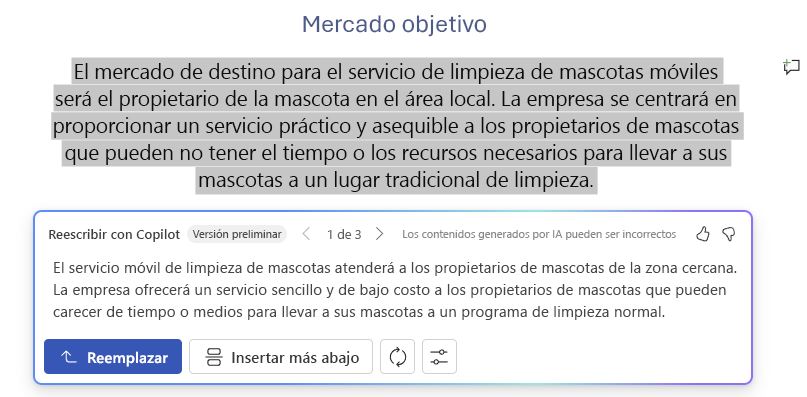 Captura de pantalla de Copilot en Word con opciones y sugerencias de texto de reescritura.