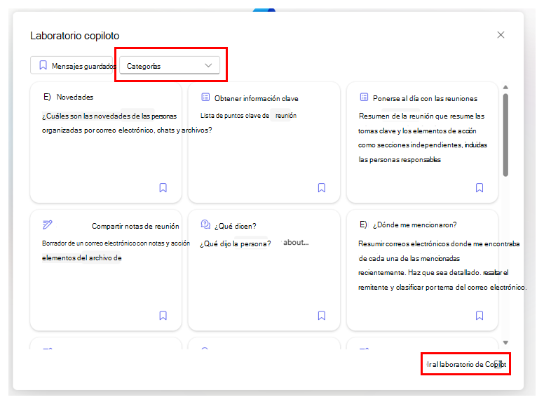 captura de pantalla que muestra la ventana de Copilot Labs con las opciones Categoría e Ir a Laboratorio de Copilot resaltadas.