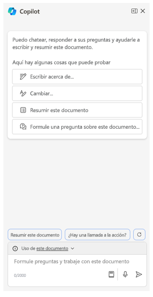 Captura de pantalla que muestra el Panel de Copilot en Microsoft Word.