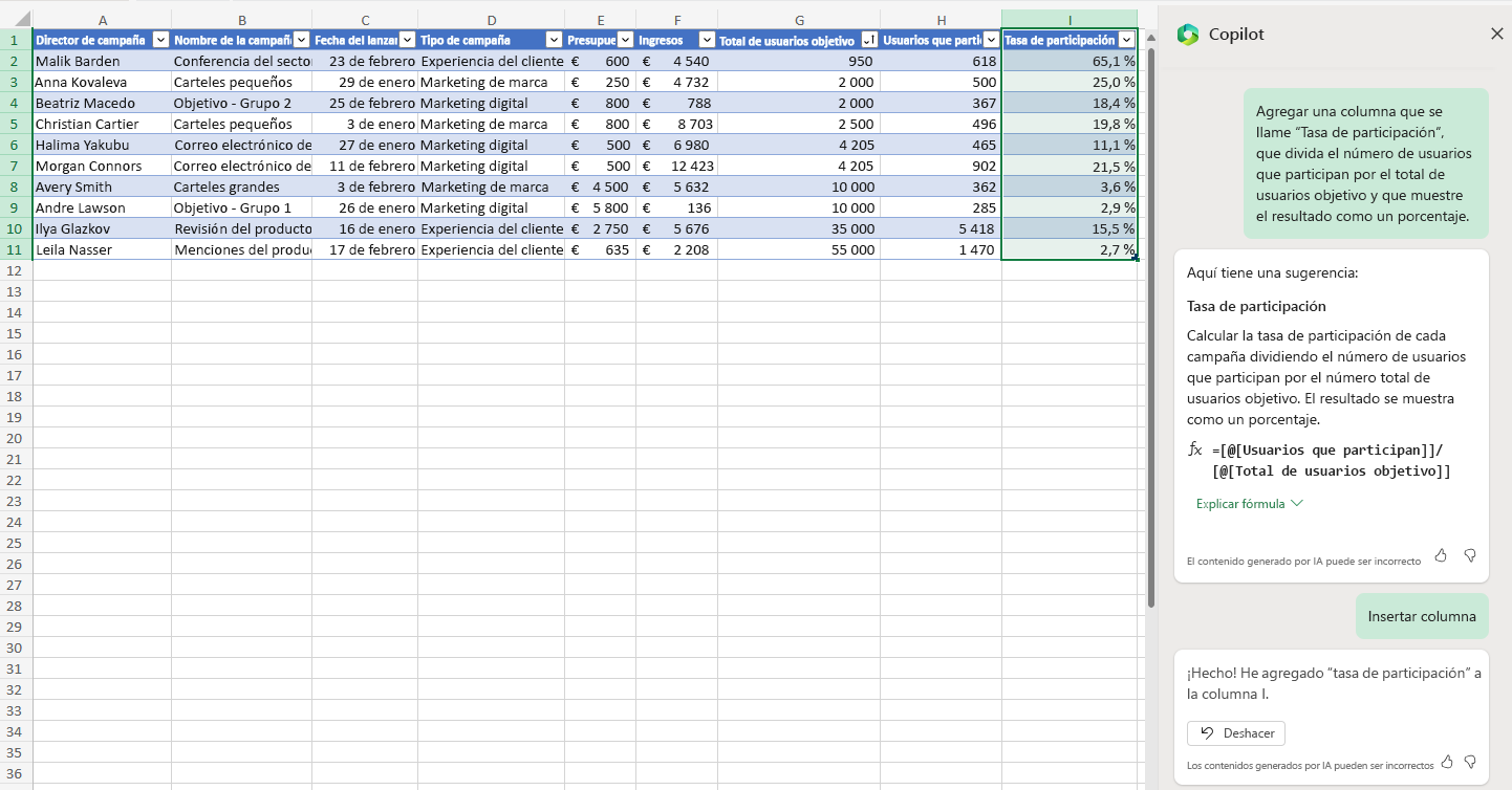 Captura de pantalla de Copilot en Excel en la que se inserta una columna para la tasa de interacción.