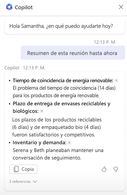 Recorte de pantalla que muestra las funcionalidades de Copilot durante la reunión.