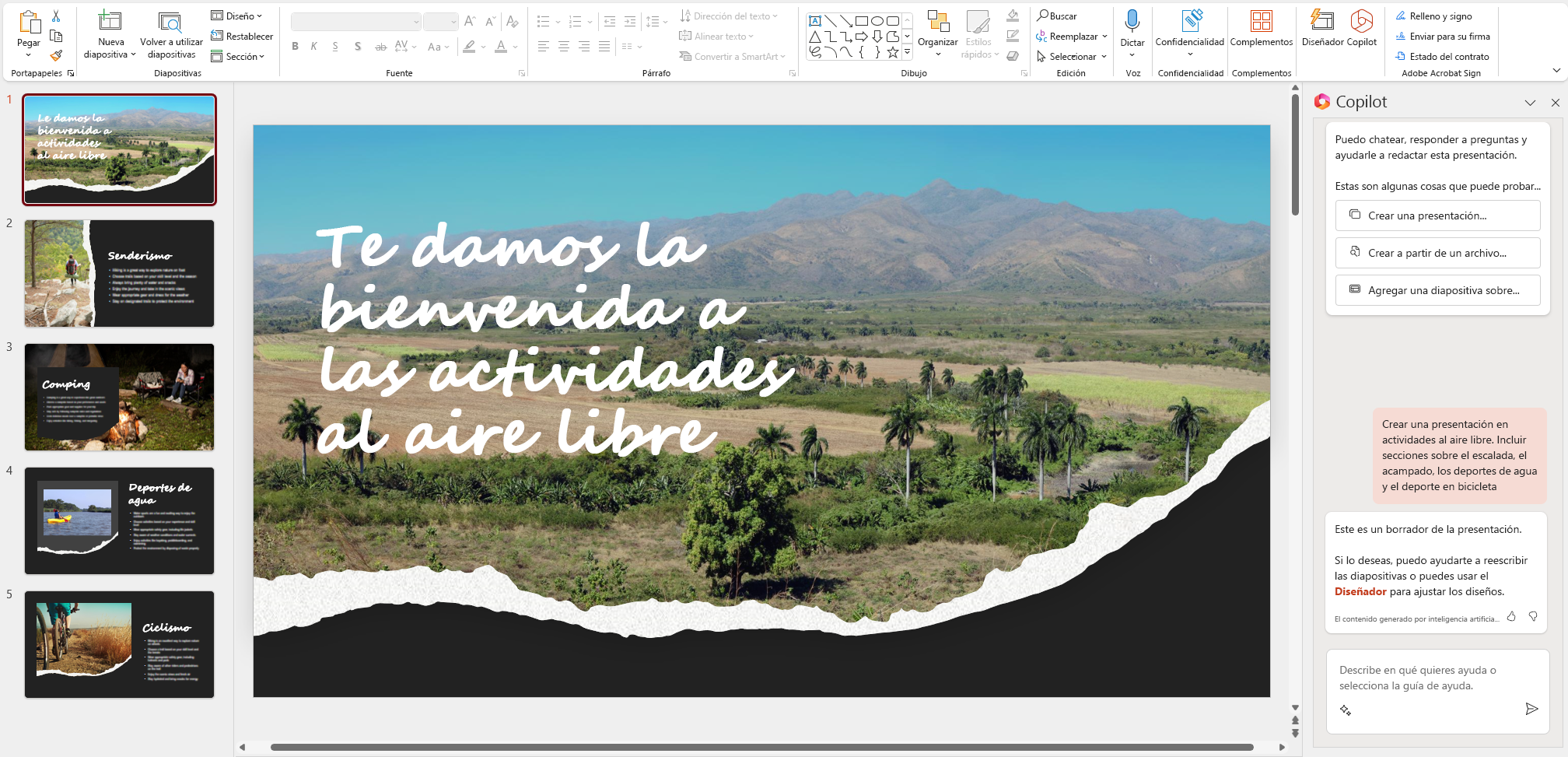 Captura de pantalla de la nueva presentación de PowerPoint creada por Copilot para Microsoft 365.