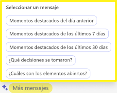 Recorte de pantalla que muestra la indicación de resumen de Copilot en el chat de Teams.