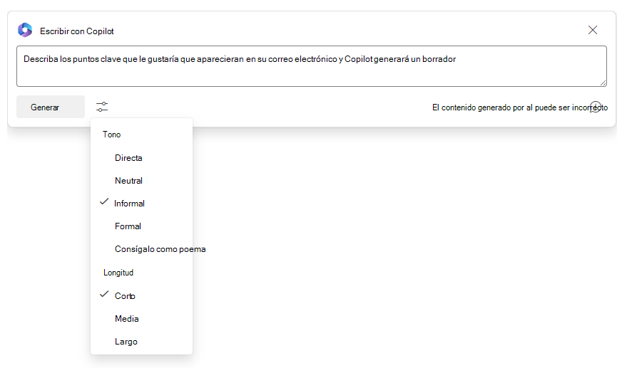 Captura de pantalla que muestra los ajustes de tono y longitud para el borrador con Copilot.