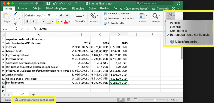 Recorte de pantalla que muestra las etiquetas de confidencialidad disponibles en Excel, desde la pestaña Inicio de la cinta.