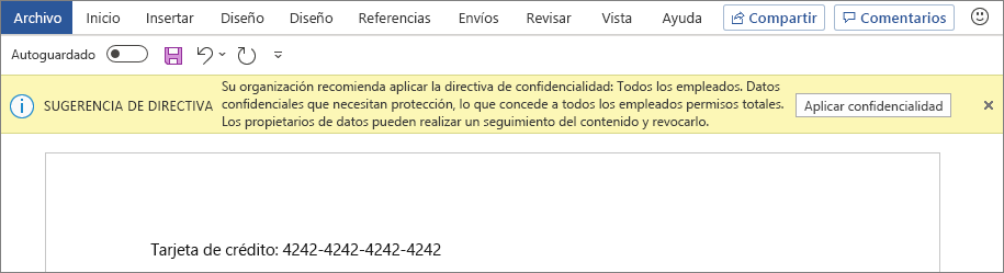 Recorte de pantalla que muestra una indicación para aplicar la etiqueta de confidencialidad recomendada.