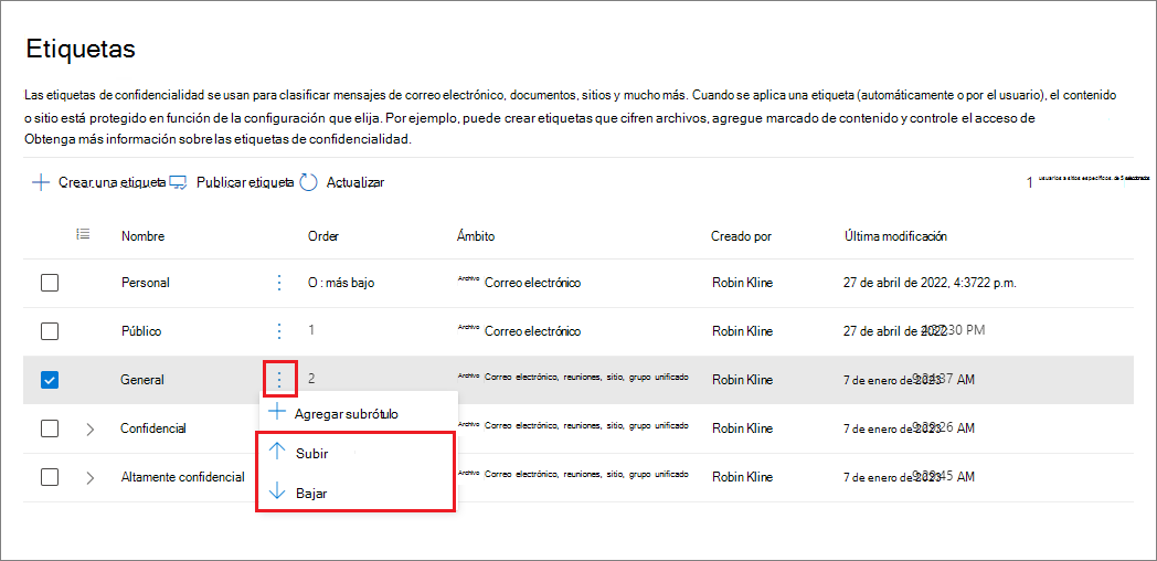 Captura de pantalla de la ventana Etiquetas que muestra las opciones para mover las etiquetas hacia arriba o hacia abajo en orden de prioridad.