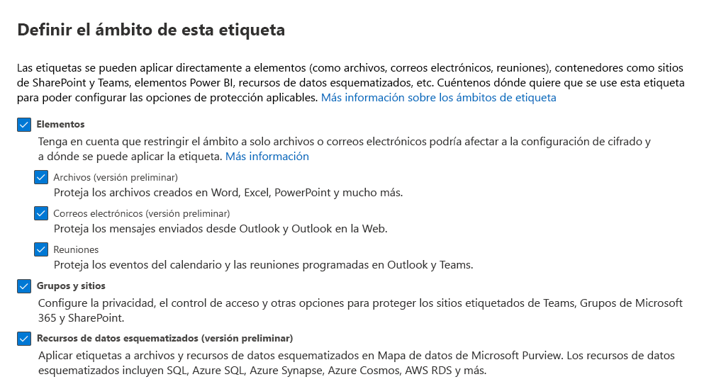 Captura de pantalla que muestra la opción de recursos de Azure Purview para definir un ámbito de etiqueta.