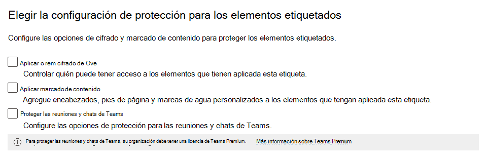 Captura de pantalla que muestra la ventana de configuración de la etiqueta de confidencialidad con la configuración no disponible.