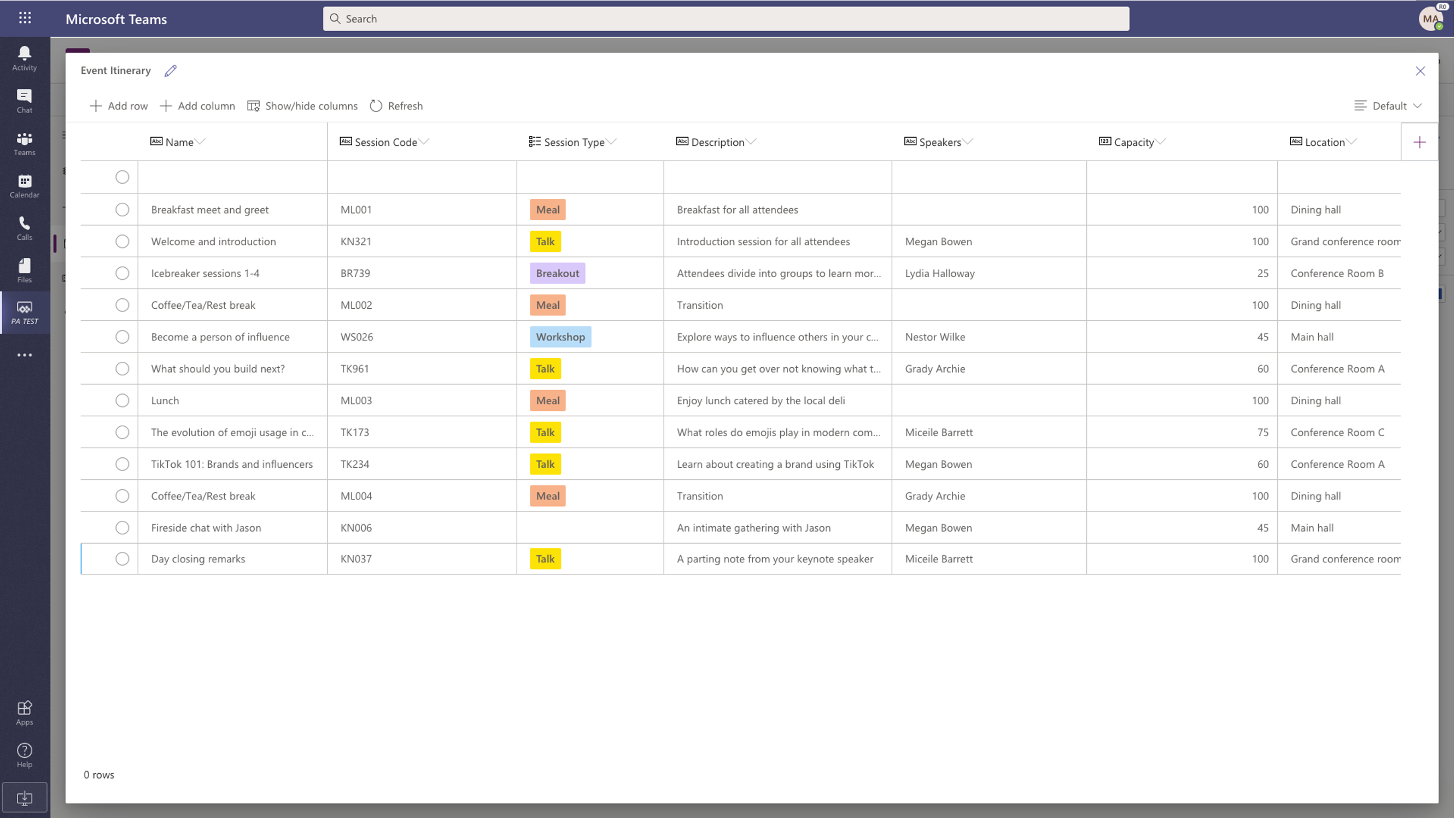 Captura de pantalla del uso de Microsoft Dataverse para Teams en el cliente de Teams.