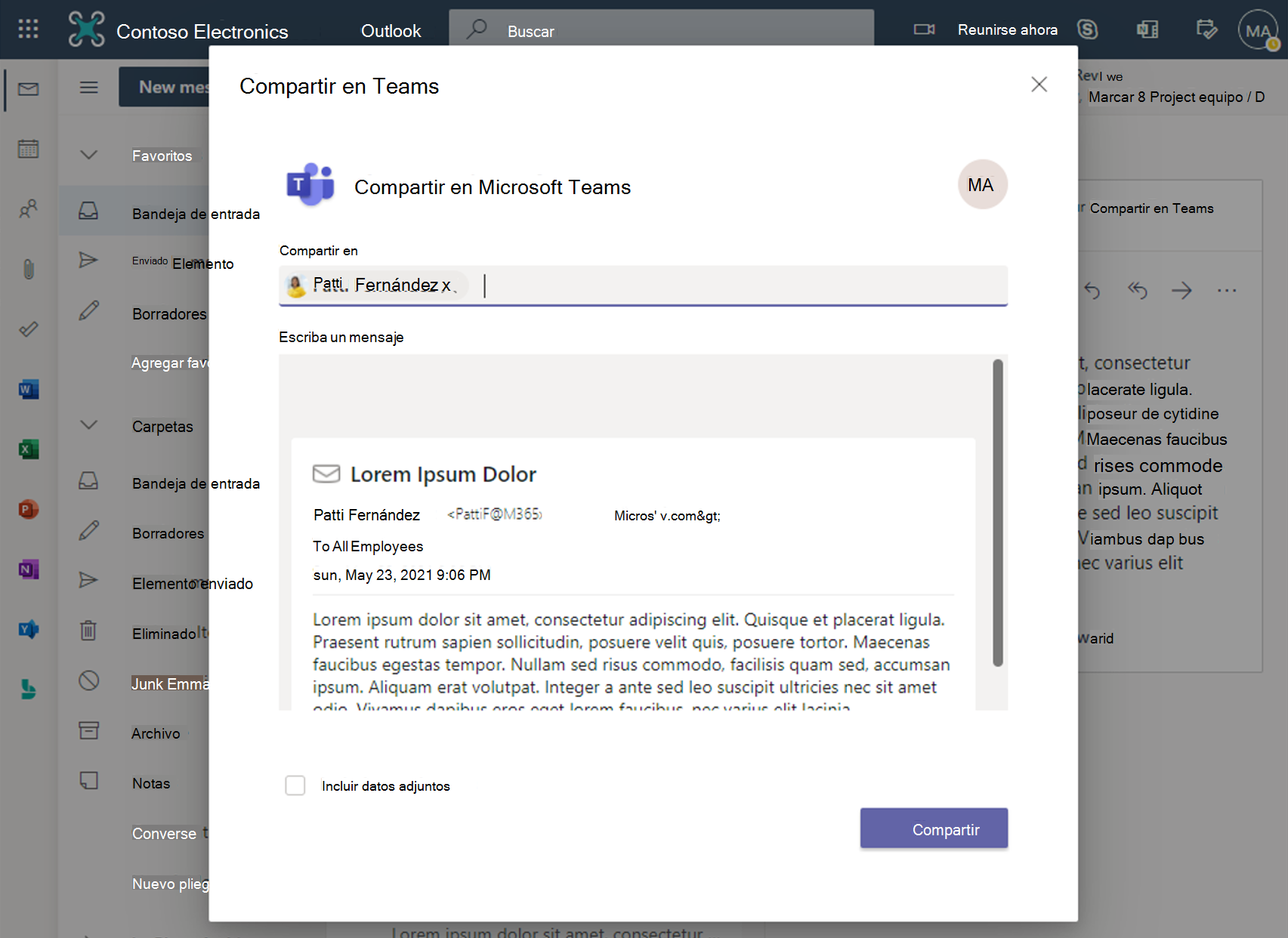 Captura de pantalla de la integración entre Outlook y Microsoft Teams.