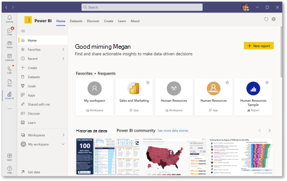 Captura de pantalla del uso de Power B I en Microsoft Teams.