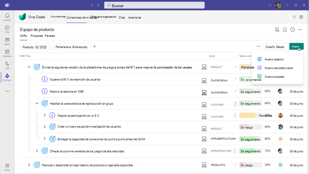 Captura de pantalla de la integración entre los objetivos vivas y Microsoft Teams.