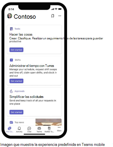 Captura de pantalla de la experiencia De fábrica en dispositivos móviles de Teams.