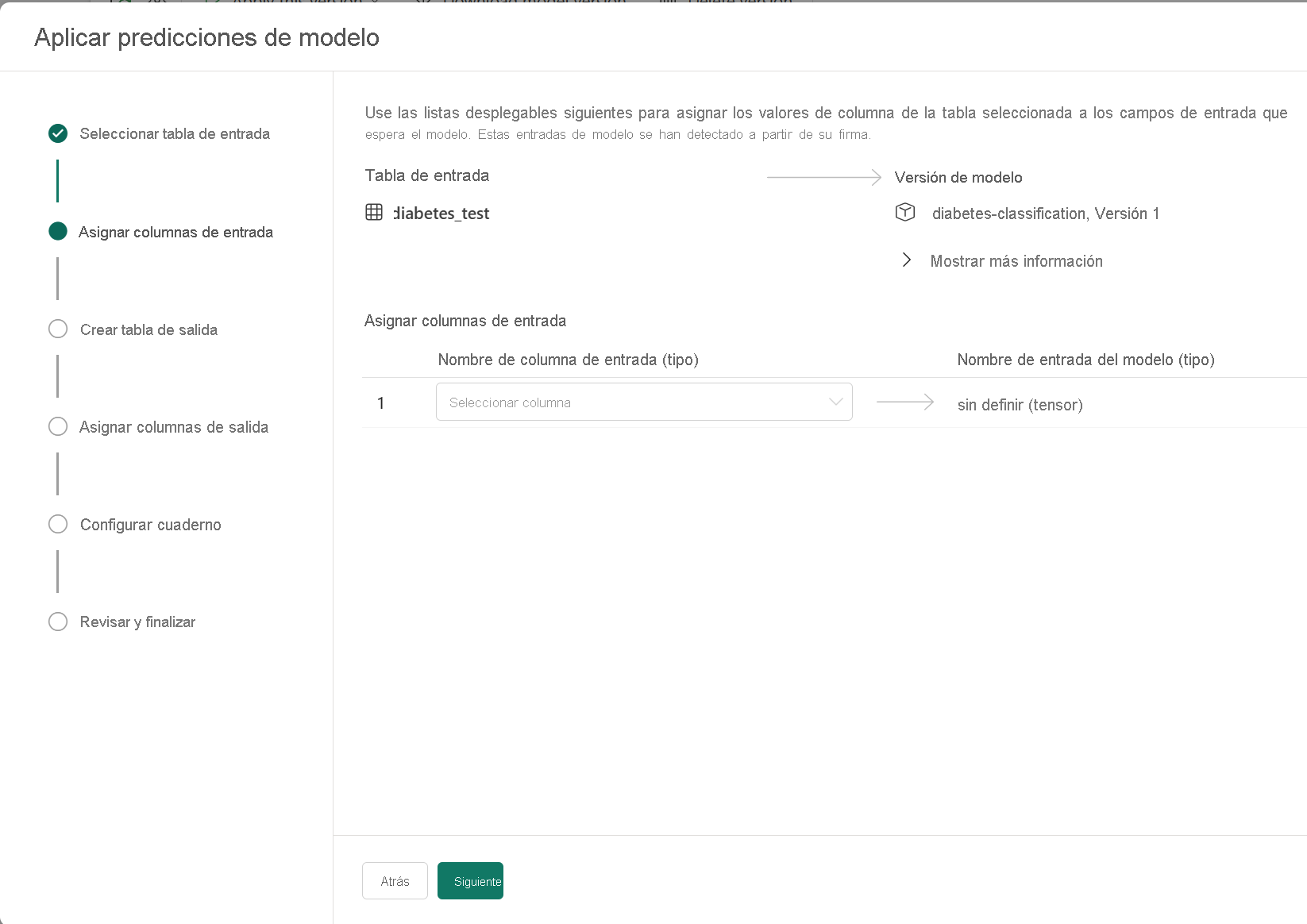 Screenshot of apply model wizard showing one input column.