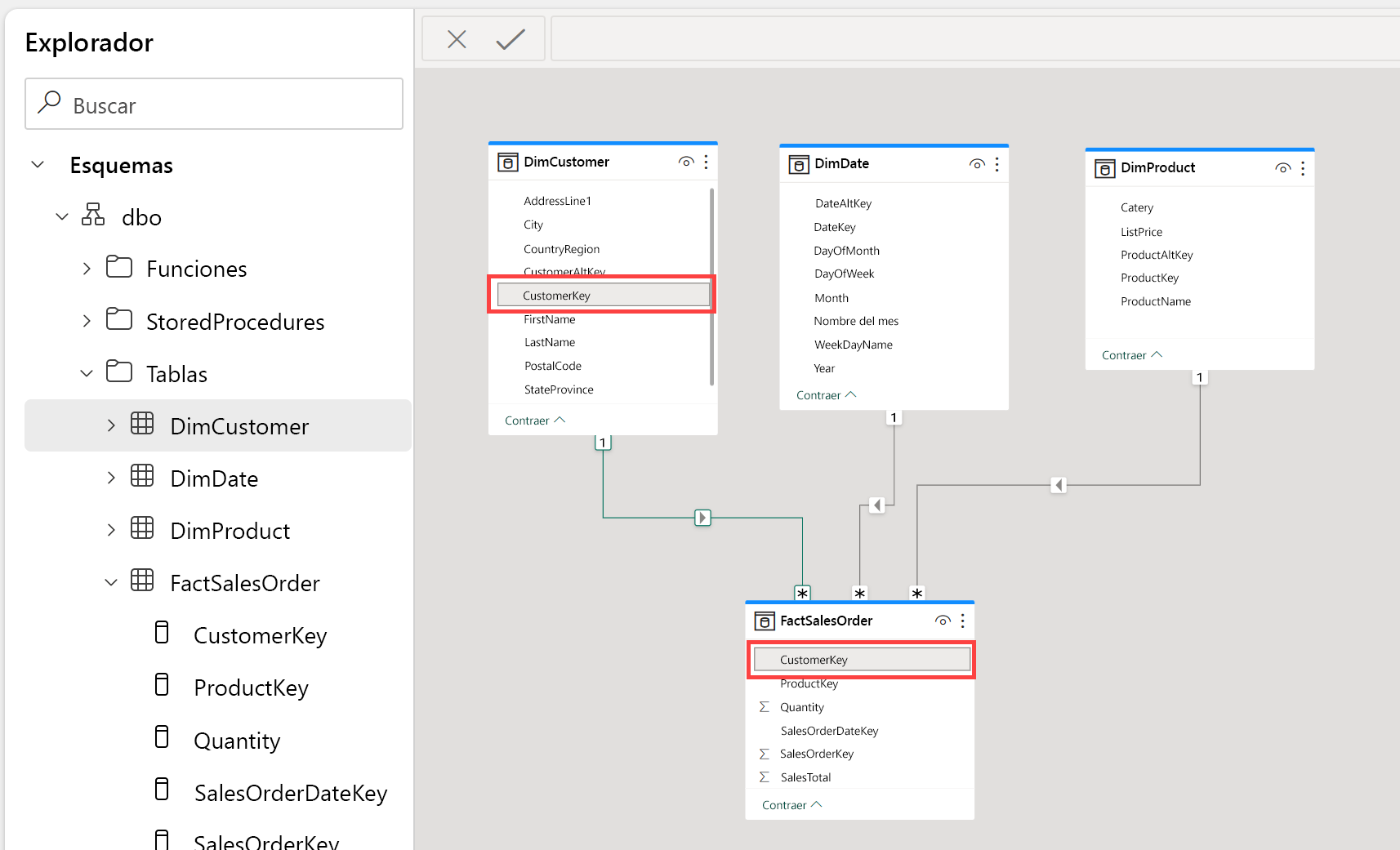 Captura de pantalla de la vista Modelo en Fabric que muestra las relaciones entre una tabla de hechos y tres tablas de dimensiones.