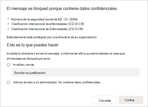 Captura de pantalla de las opciones para resolver el mensaje bloqueado.