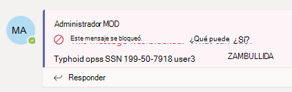 Captura de pantalla de la notificación de mensajes bloqueados en Teams.