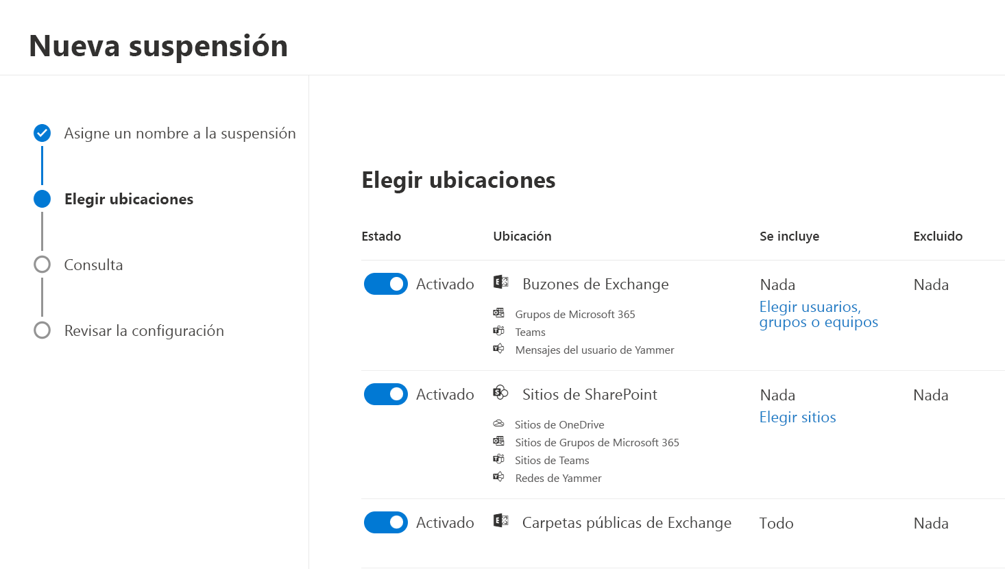 Captura de pantalla de Elegir las ubicaciones de contenido que se van a poner en suspensión.