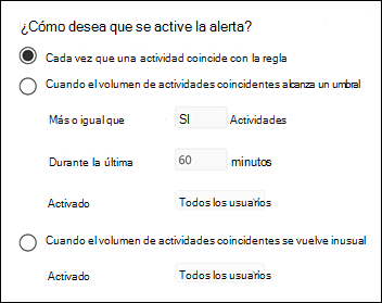 Recorte de pantalla de la configuración de alertas para desencadenar, en función de las repeticiones de actividad, el umbral o la actividad inusual.