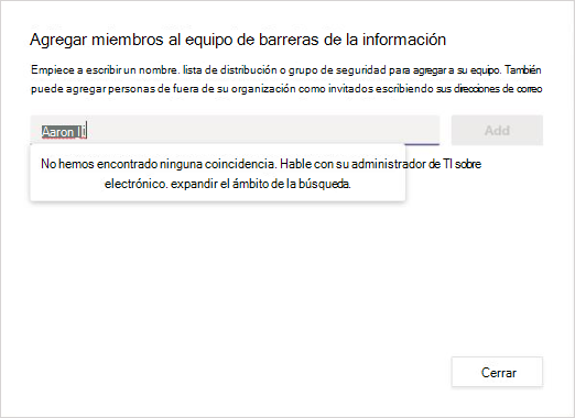 Recorte de pantalla de la búsqueda de un nuevo miembro para agregar a un equipo y la búsqueda de ninguna coincidencia.