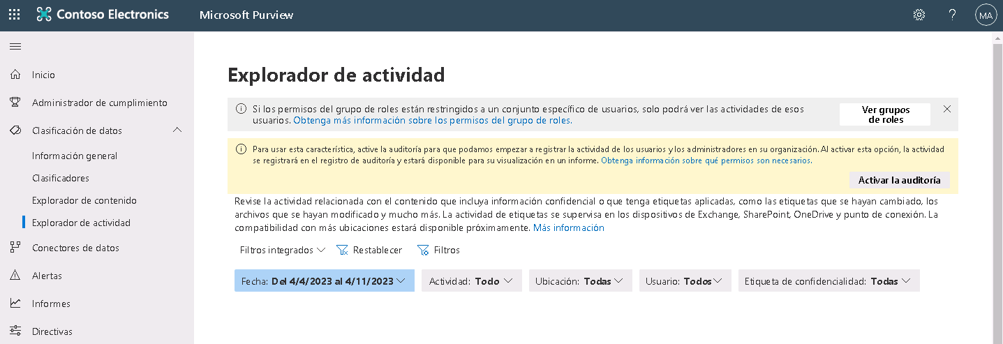 Captura de pantalla que muestra la página Explorador de actividad en el portal de cumplimiento Microsoft Purview.