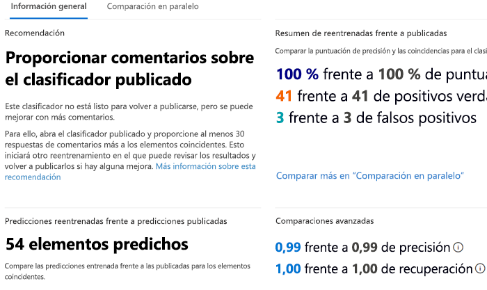 Recorte de pantalla de la pestaña Información general sobre el reentrenamiento que muestra los comentarios sobre un clasificador de datos una vez que el sistema termina de reentrenar al clasificador.