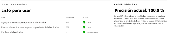 Recorte de pantalla de la página de revisión del elemento que indica que el clasificador está listo para usarse.