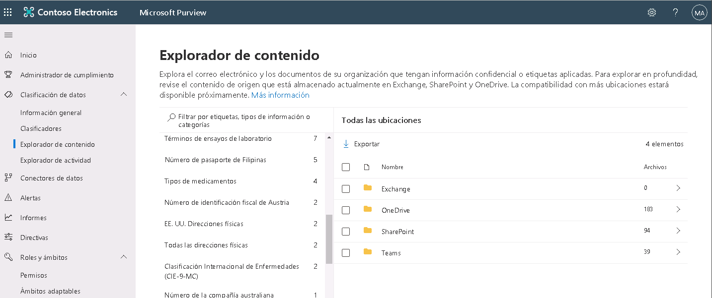 Captura de pantalla que muestra la página Explorador de contenido en el portal de cumplimiento Microsoft Purview.