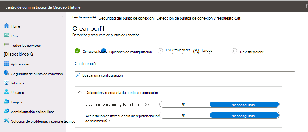 Captura de pantalla de las opciones de configuración de la opción Detección y respuesta de puntos de conexión en la página Crear perfil.