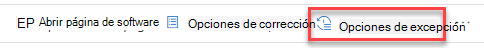 Captura de pantalla del botón de opciones de excepción en el control flotante de recomendación de seguridad.