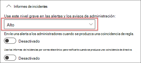 Screenshot of the incident report setting for a D L P policy that shows the severity level used in alerts and reports for the policy.