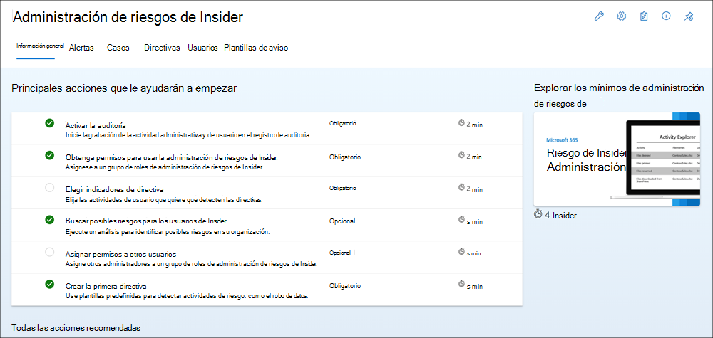 Screenshot of the Insider risk management dashboard showing the Overview tab and the top actions to help get you started.