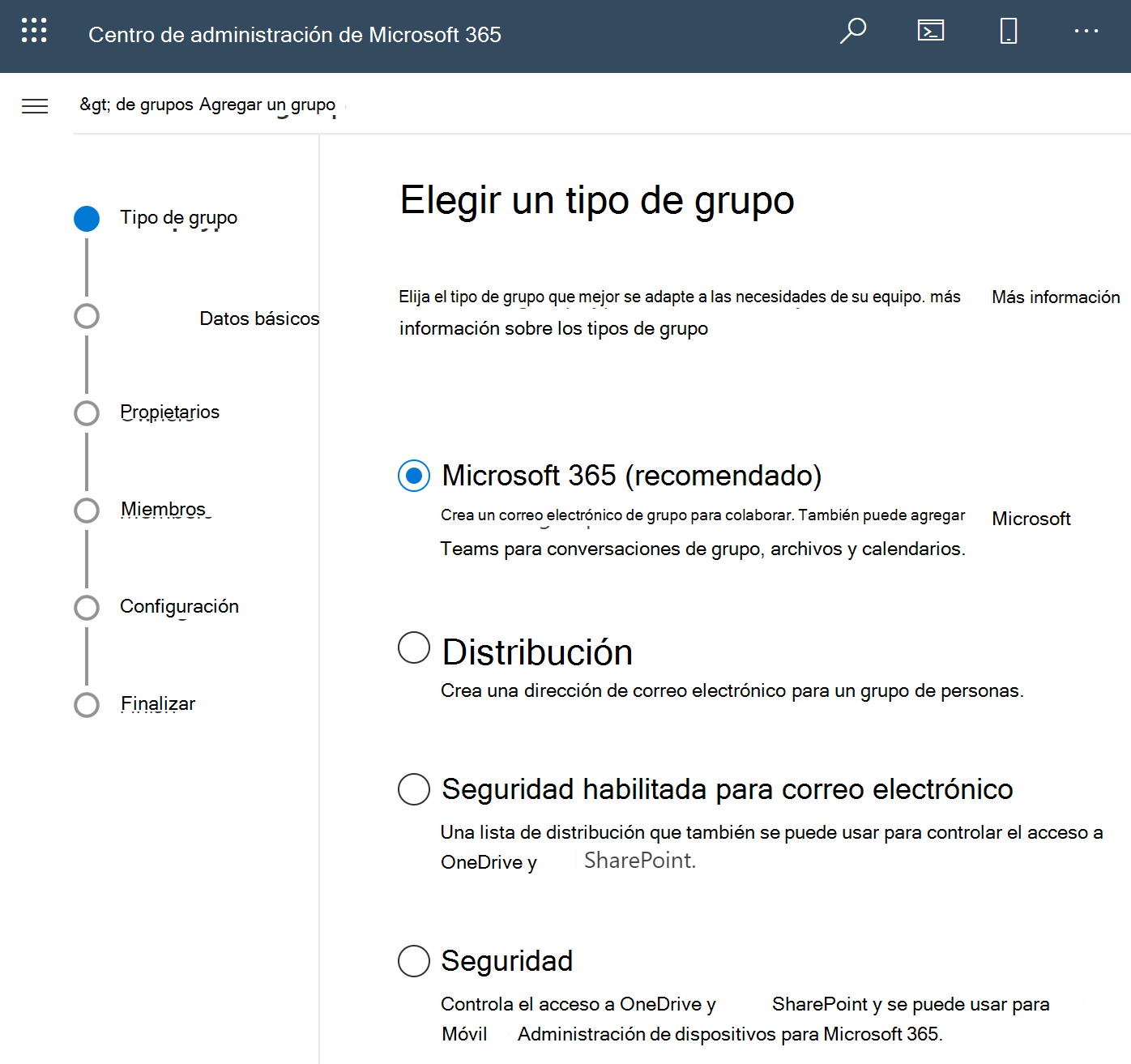 Captura de pantalla de Crear un grupo de Microsoft 365.